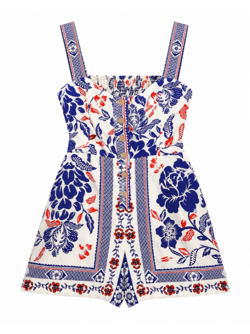 Rachel Zoe Floral Romper Size 12 Blue White Red Smocked Linen Blend NWT - Picture 2 of 6